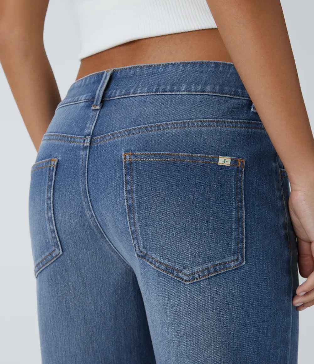 Magic Low Rise Button Zipper Multiple Pockets Straight Leg Washed Stretchy Knit Casual Jeans