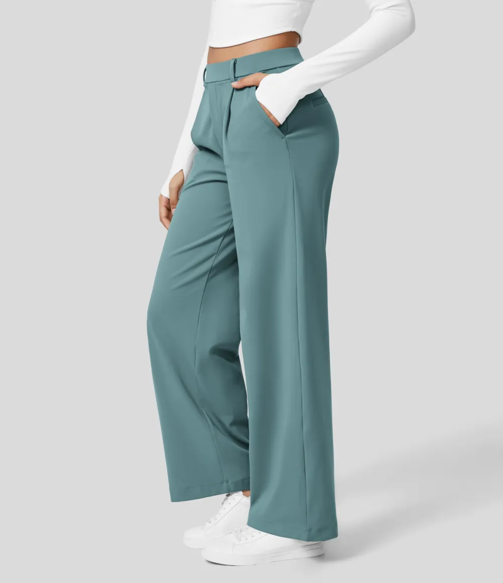 2026🔥  High Waisted Plicated Side Pocket Straight Leg Work Pants