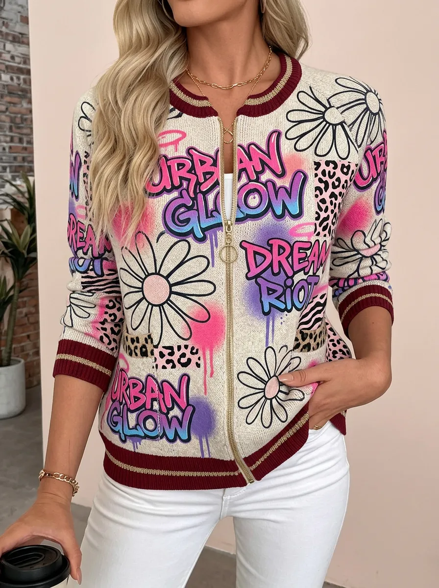 Women's Streetwear Graffiti Flower Leopard Printed Zip-up Jacket