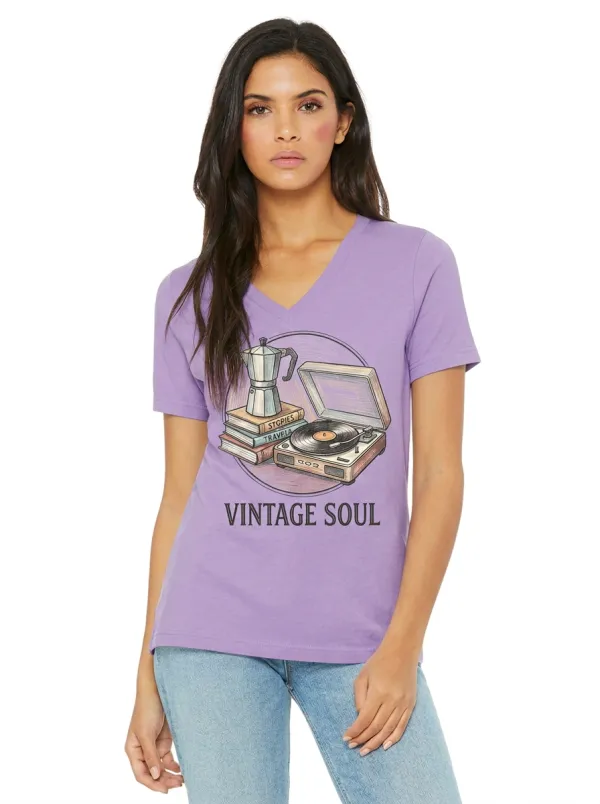 Women's Vintage Soul Coffee Record Player Books Printed V-neck T-shirt