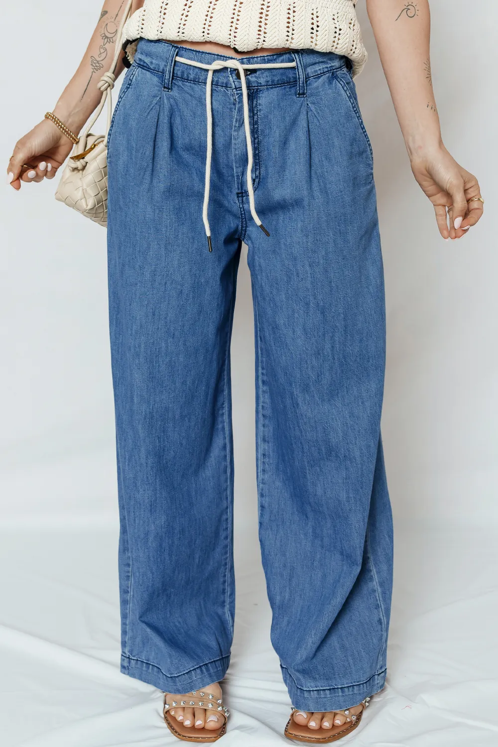 Blue Lace Up Wide Leg Jeans
