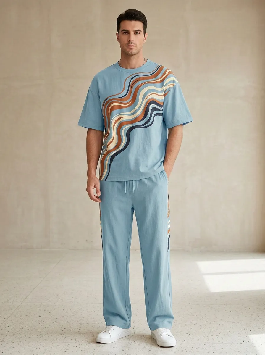 Men's Olive Wavy Stripe Pattern Printed Casual Set