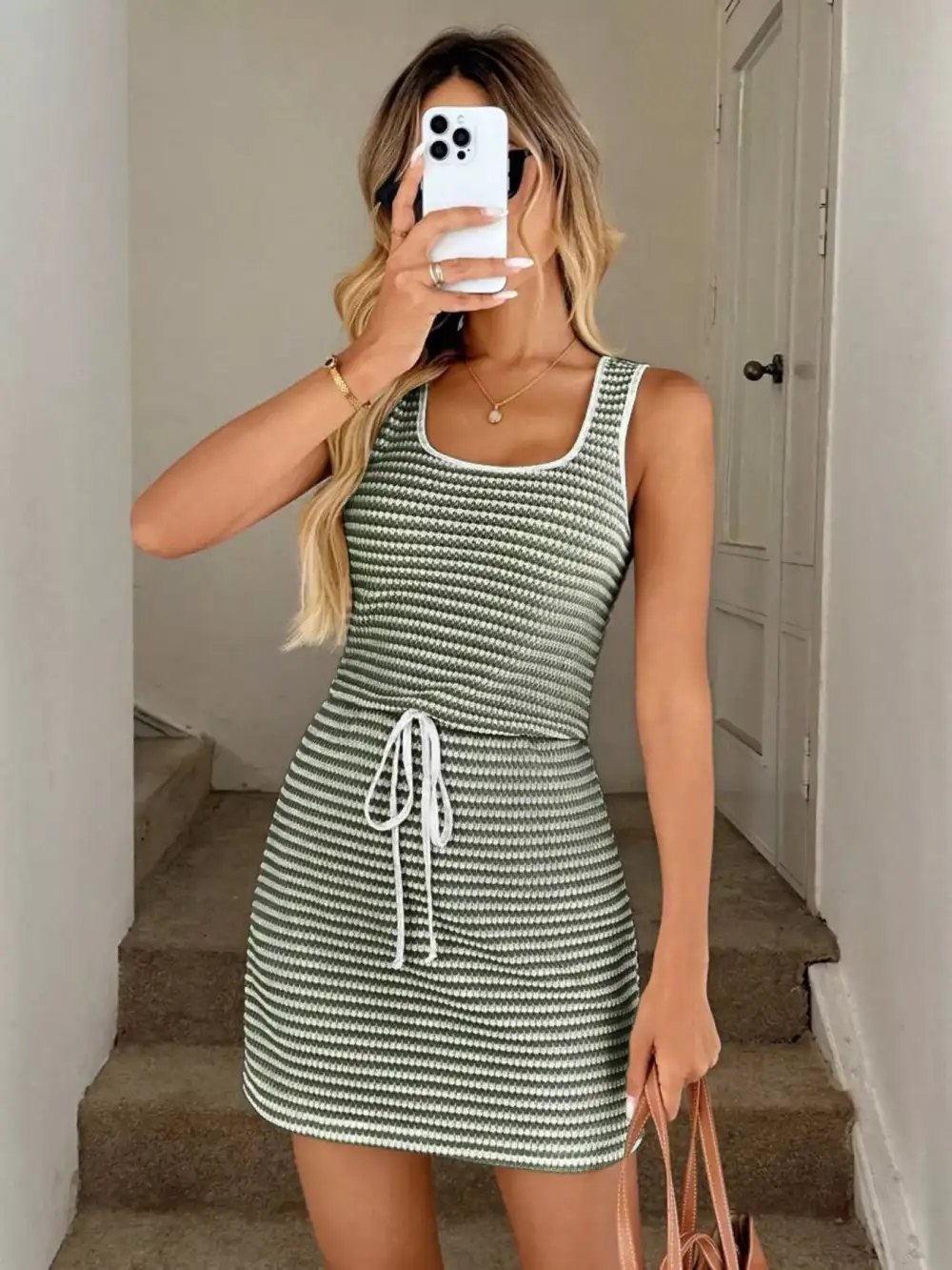 Striped Knit Drawstring Mini Dress