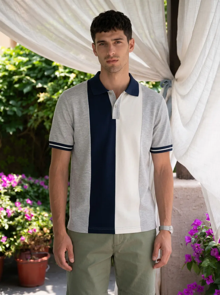 Men's Casual Colorblock Striped Pattern Polo Shirt