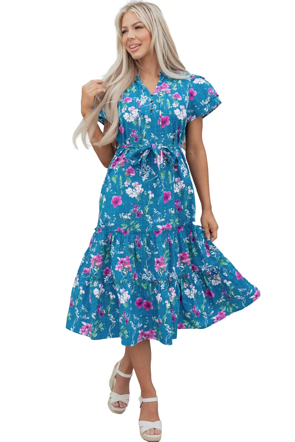 Floral Split Neck Tie Waist Dress Casual