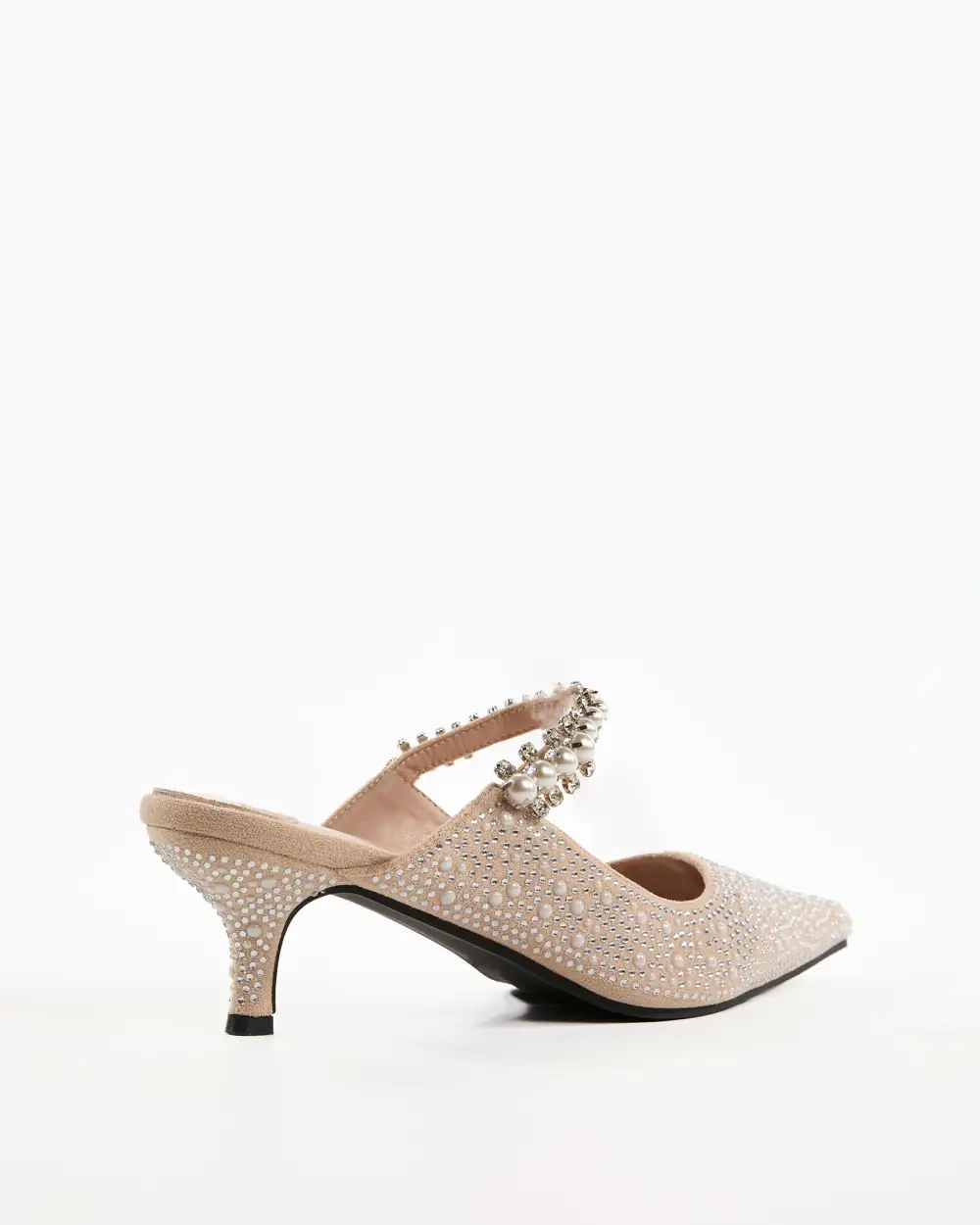 Rhinestone Strap Pearl Embellished Mules in Beige