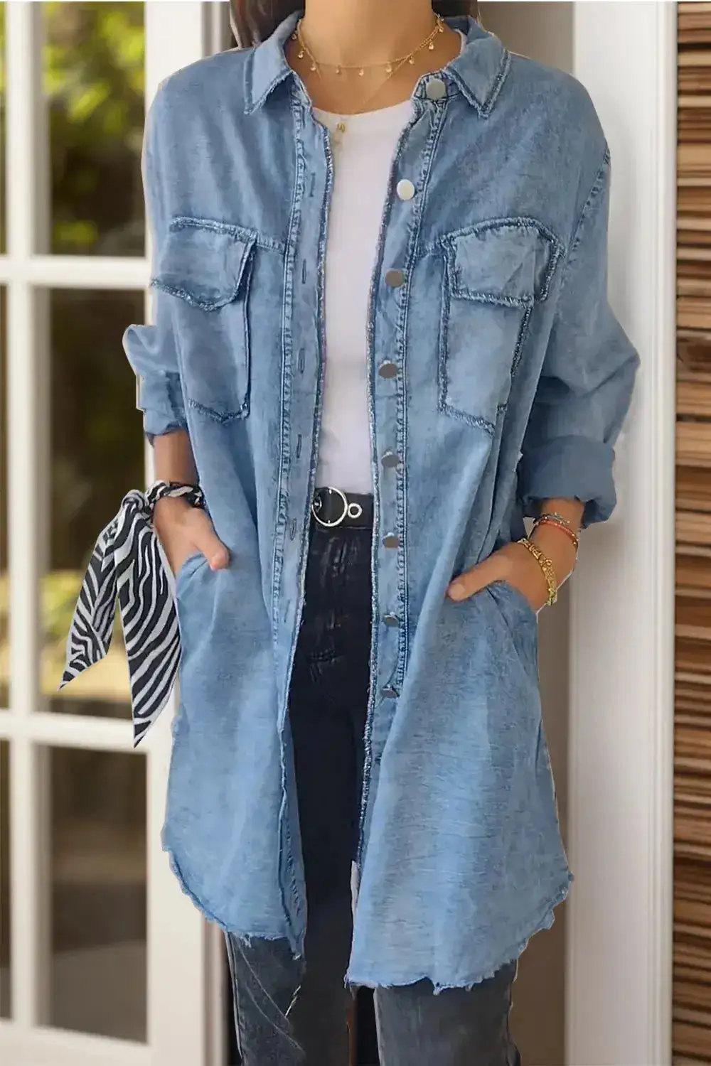 Relaxed Denim Button Front Pocketed Casual Jacket
