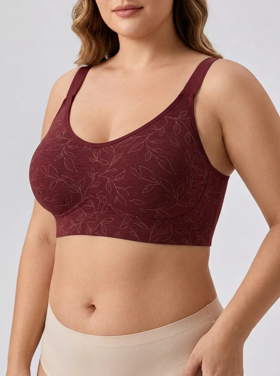 Women's Plus Size Beige Leaf Scoop-Neck Wide-Strap Wireless Bralette