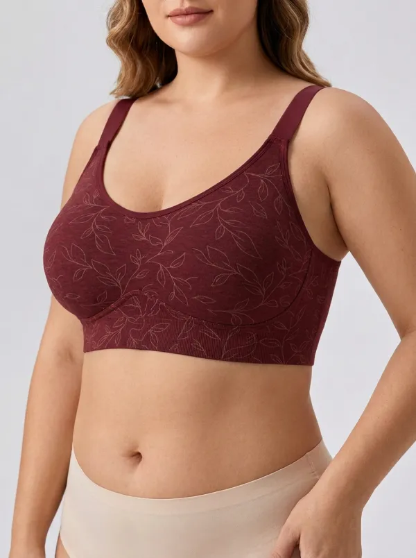 Women's Plus Size Beige Leaf Scoop-Neck Wide-Strap Wireless Bralette