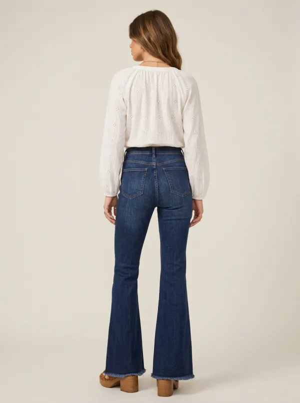Women's Vintage Style High-Waisted Button-Fly Frayed Hem Flare Jeans