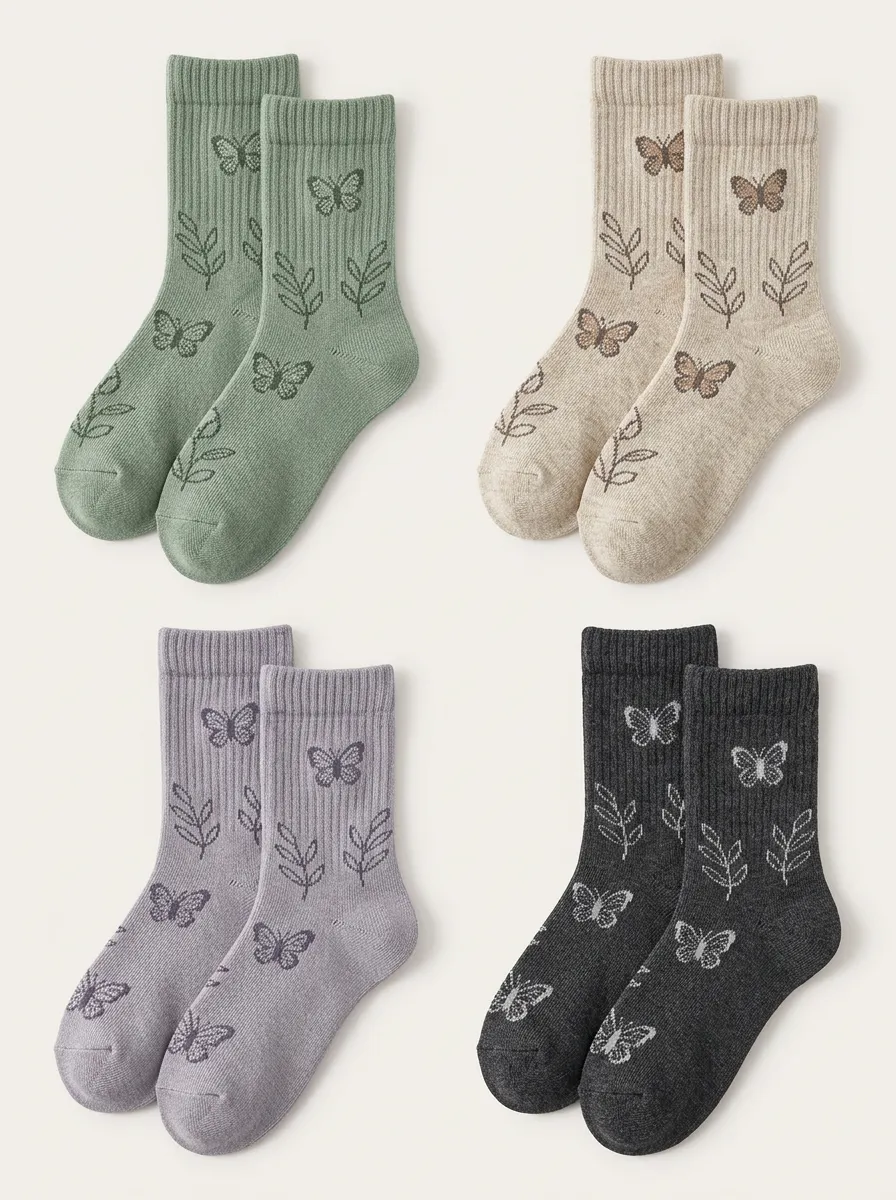 Women's Butterfly Crew Socks Four Pair Set