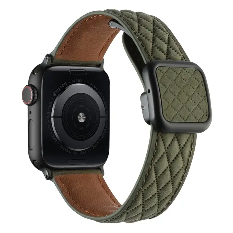 Rhombus Pattern Magnetic Square Buckle Leather Watch Band for Watch SE 2022 40 mm - Army Green