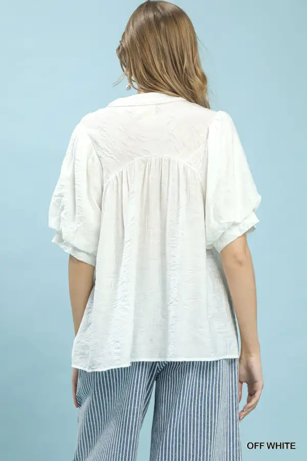 Textured Lace Trim V-Neck Boho Blouse