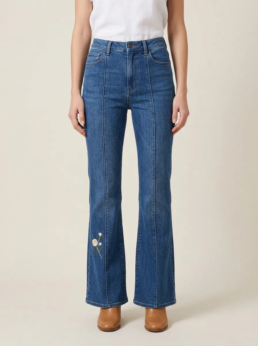 Women's Rose Lower-Leg Embroidered Front-Seam High-Rise Flare Jeans