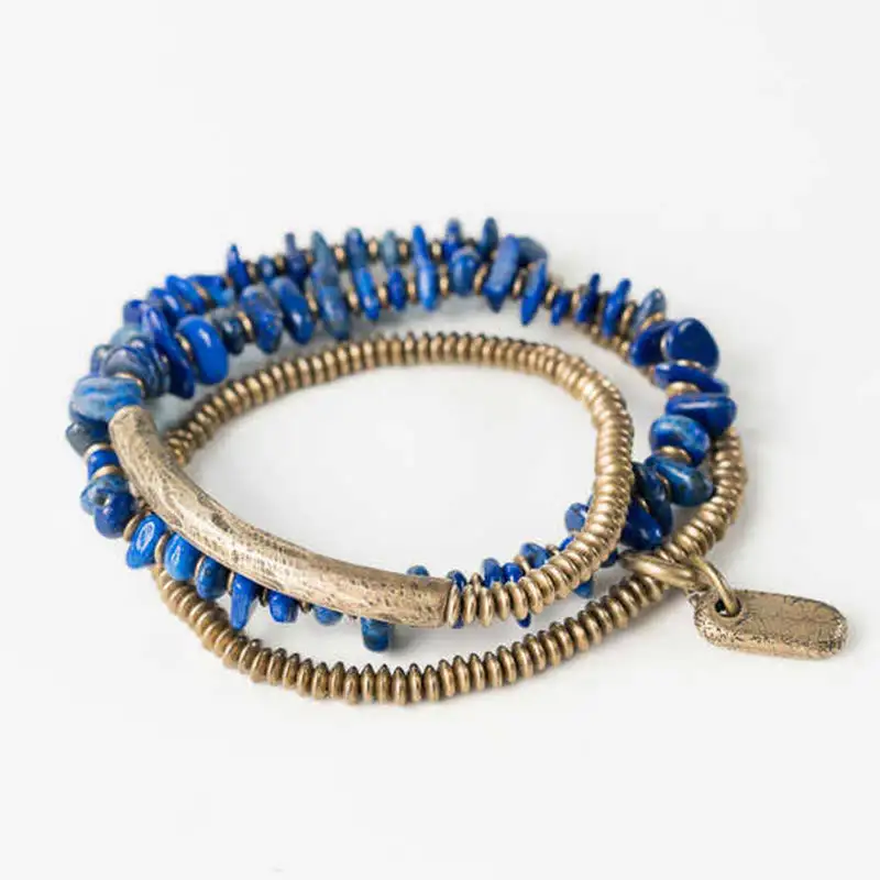 Irregular Shape Triple Wrap Lazurite Lapis Lazuli Bracelet