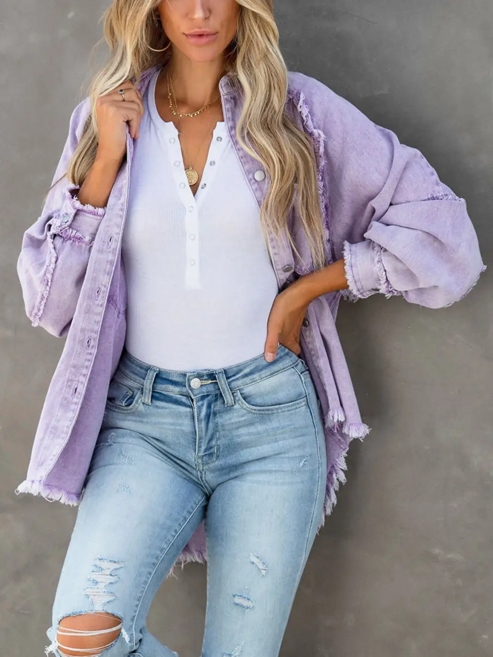Button-down Raw-hem Denim Jacket