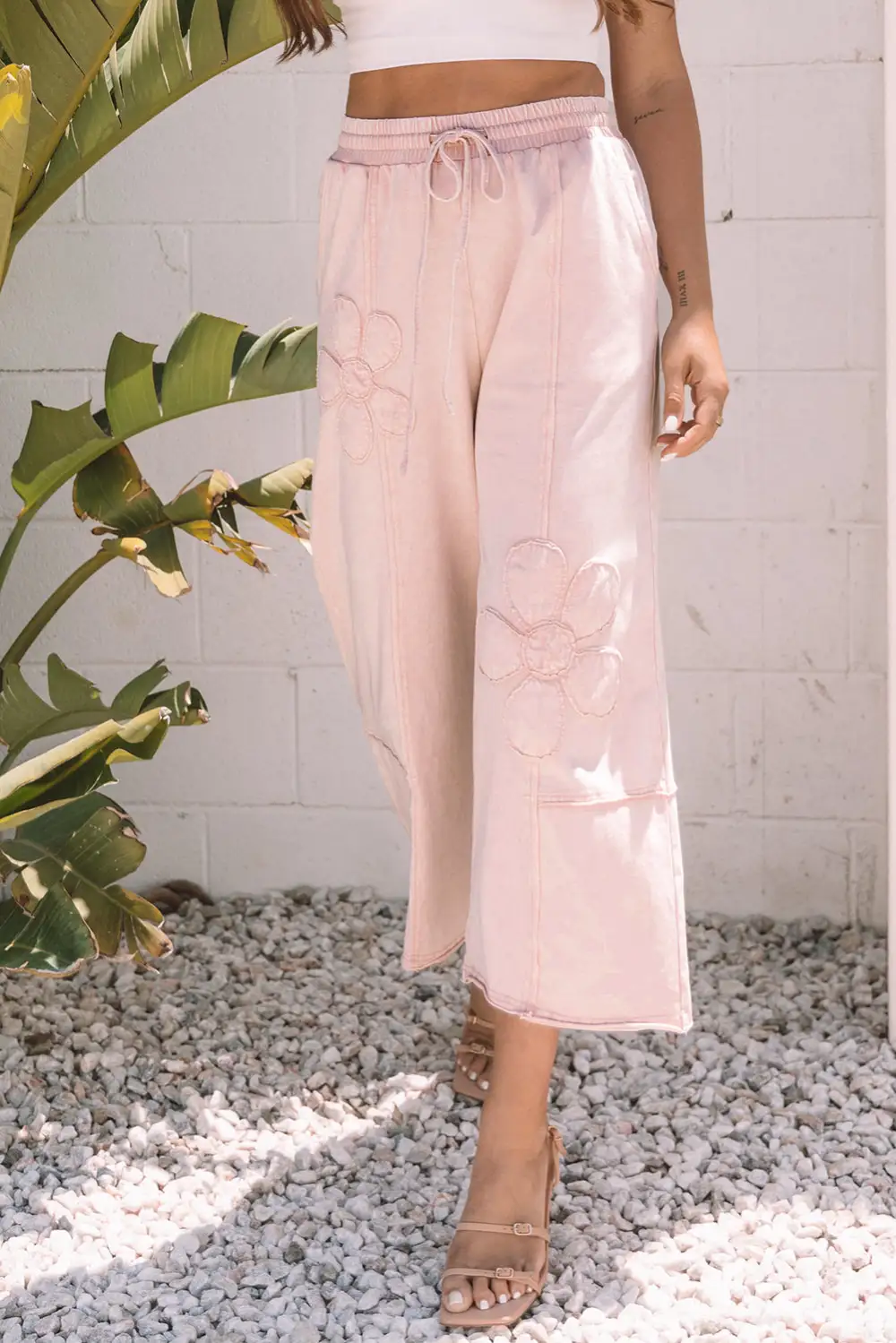 Classic Flower Patch Washed Terry Knit Cropped Wide Leg Trousers