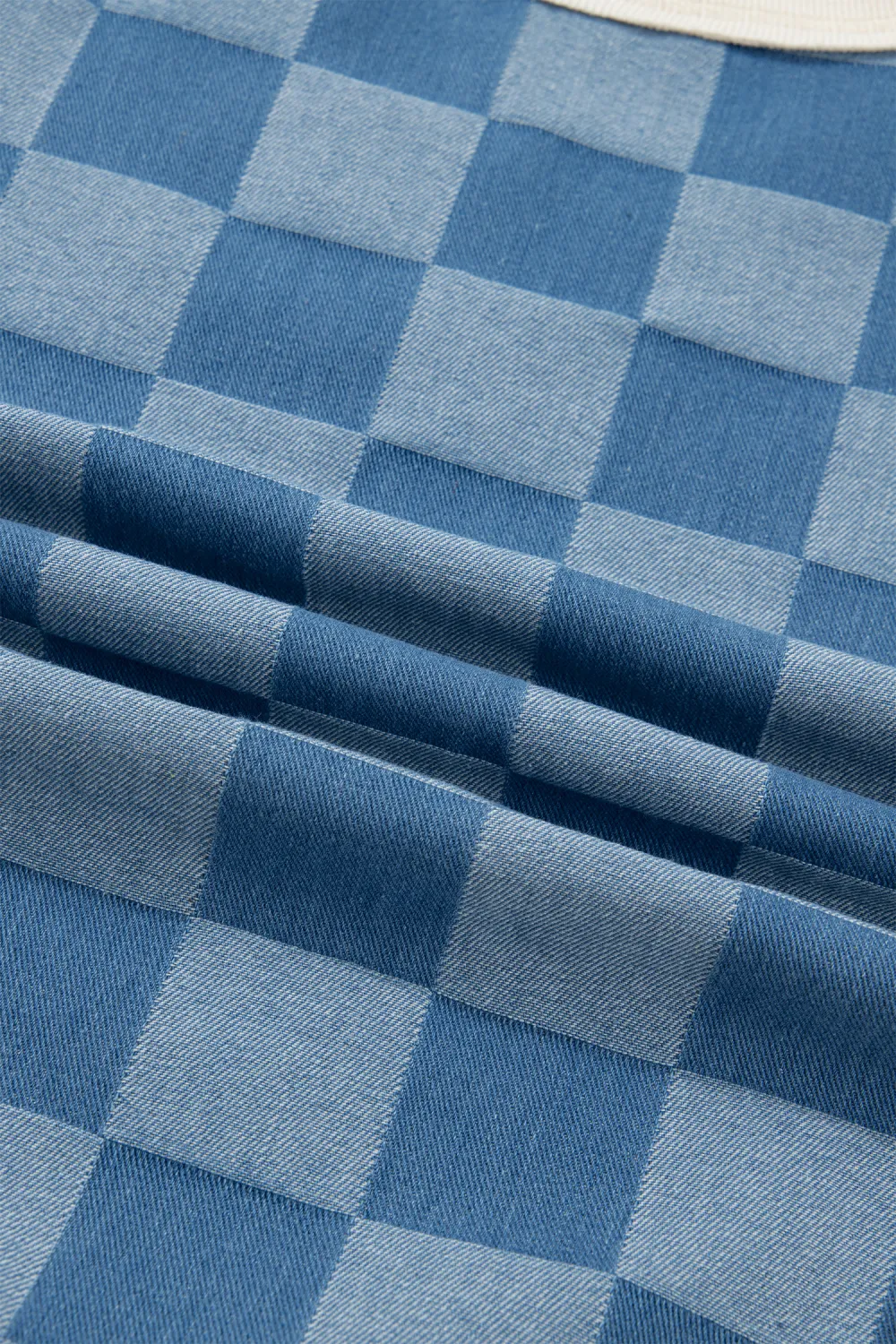 Dusk Blue Checkered Denim Patchwork Top