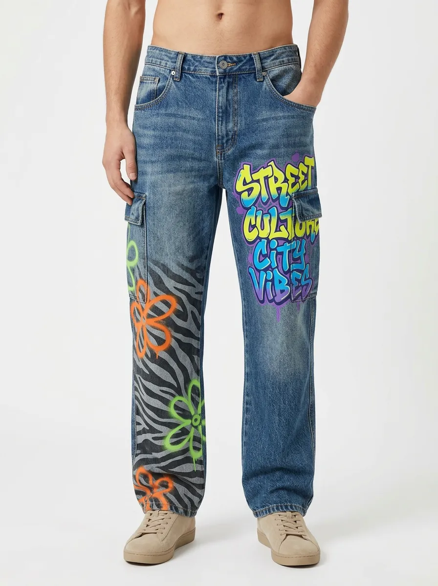 Men's Streetwear Street Culture Graffiti Zebra Flower Graphic Cargo Jeans