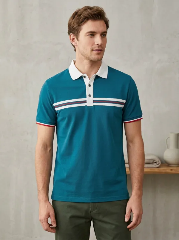 Men's Casual Striped Chest Pattern Printed Polo Shirt