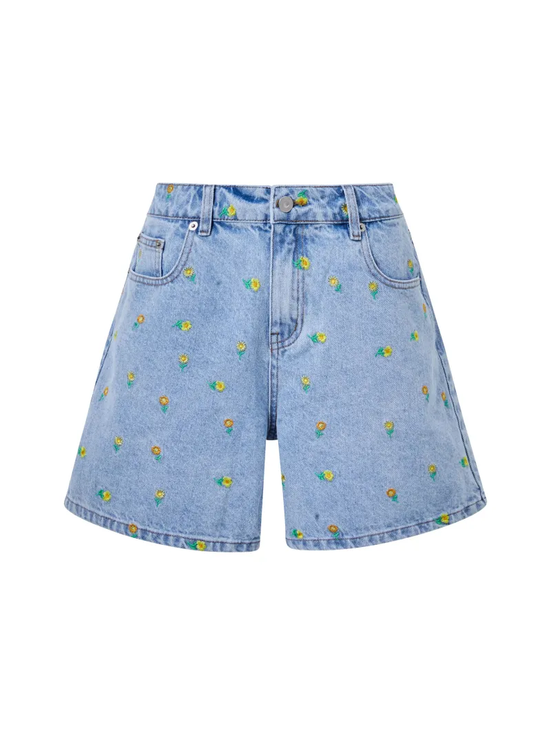 Cotton Delicate Daisy Embroidery Denim Shorts