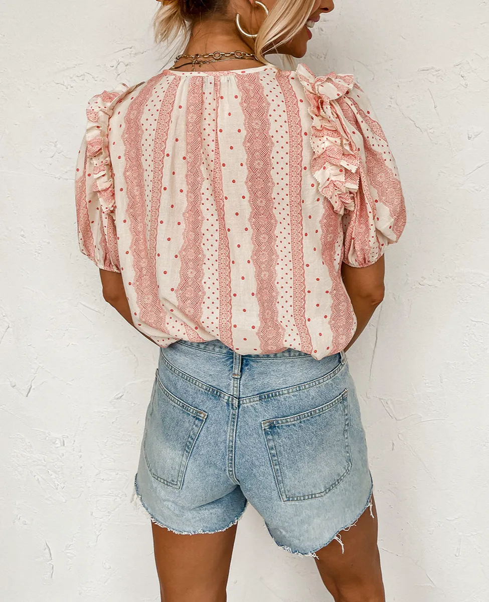 Red Frilled Short Puff Sleeve Mixed Print Blouse