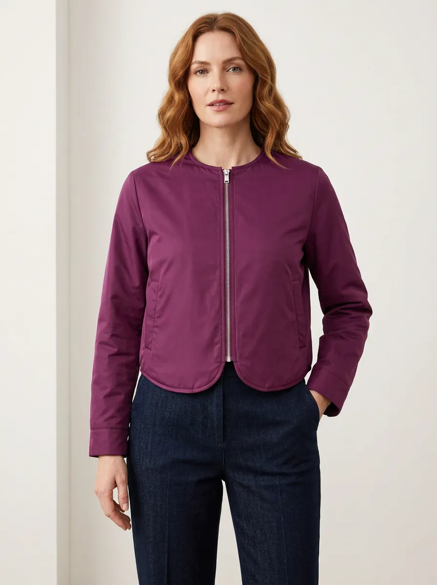 Women's Plum Collarless Curved-Hem Zip Jacket