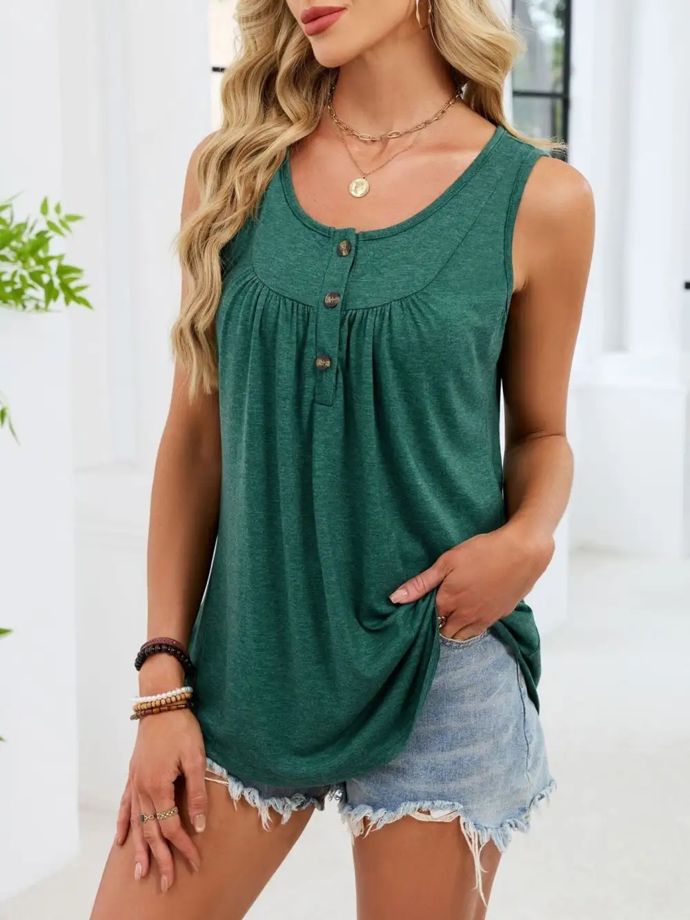 Button Detail Round Neck Tank