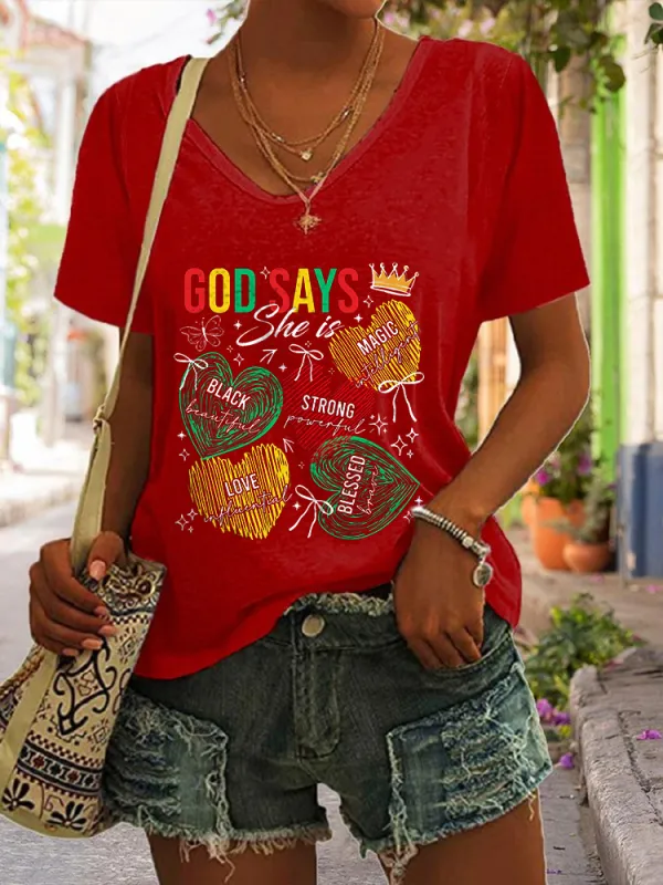 Women's God Says Black Strong Magic Love Blessed V-Neck Short-Sleeved T-Shirt