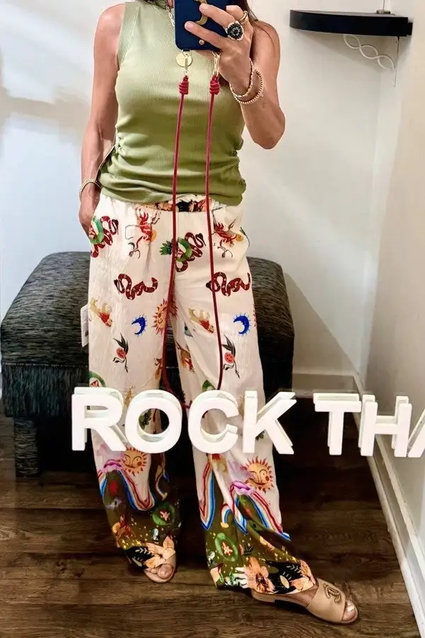 Colorful Artwork Print Wide Leg Pants