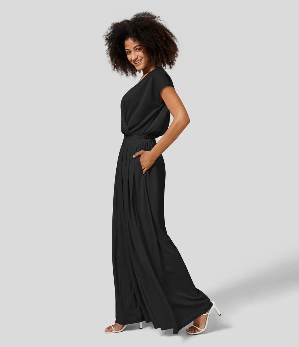 V Neck Short Sleeve Plicated Side Pocket Wide Leg Flowy Waffle Casual Jumpsuit