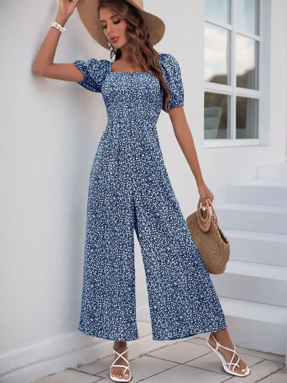 Printed Square Neck Puff Sleeve Everyday Jumpsuit
