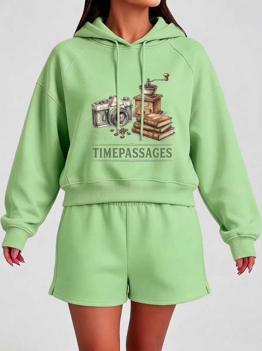 Women's Vintage Hobby Camera Coffee Books Printed Hoodie