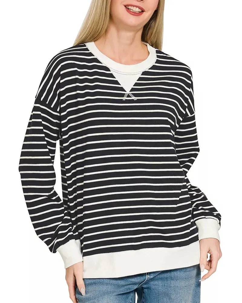 Relaxed Contrast Striped Round Neck Sweatshirt