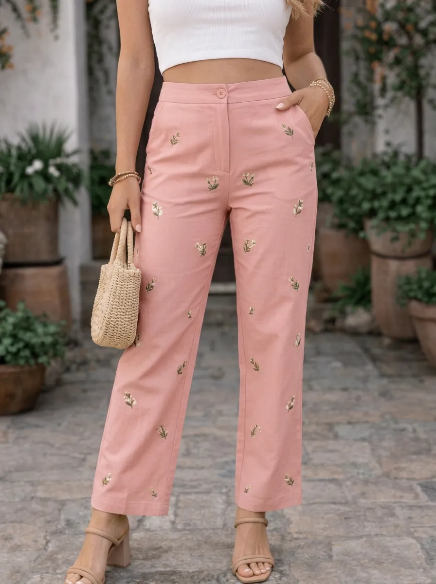 Women's Floral Botanical Embroidered Mid-Rise Straight Leg Pants