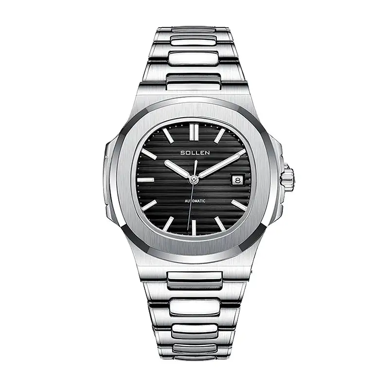 Sollen SL505 Automatic Watch - Men's Stainless Steel H-Link Bracelet Horizontal Grooved Dial Wristwatch