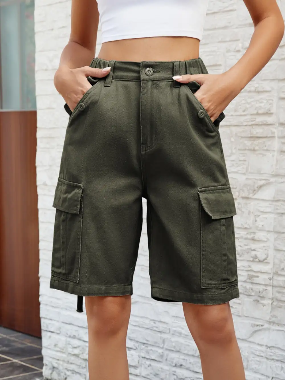 Tailored High Waist Denim Shorts with Pockets