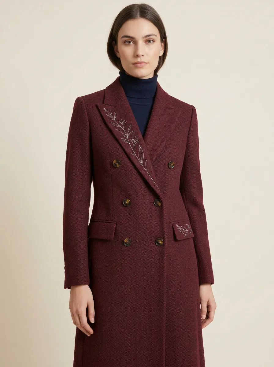 Women's Botanical Floral Embroidered Herringbone Pattern Coat