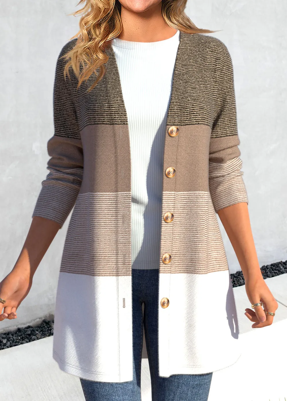 Light Camel Button Striped Long Sleeve Coat