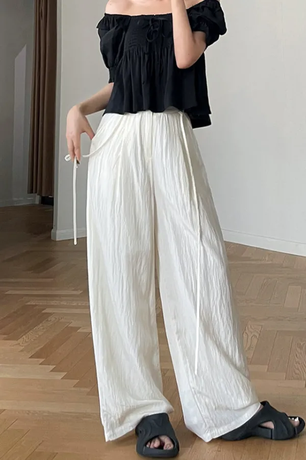 Cotton Wide Leg Elastic Waist Pocketed Trousers