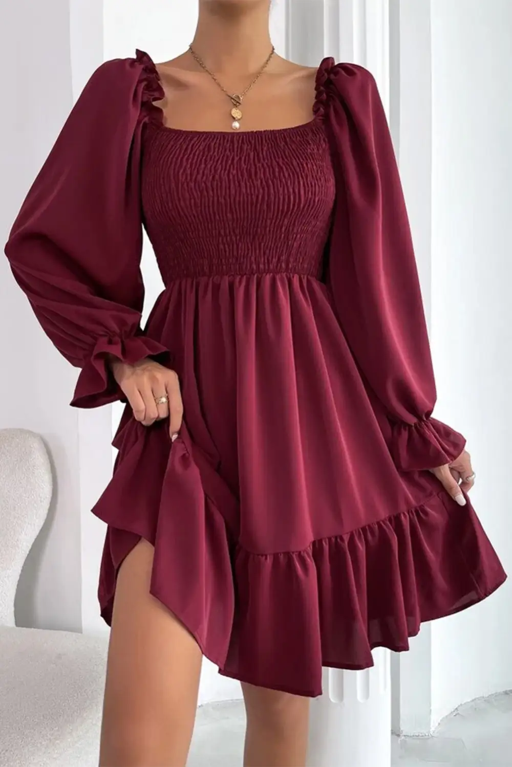 Biking Smocked Puff Sleeve Ruffle Mini Dress