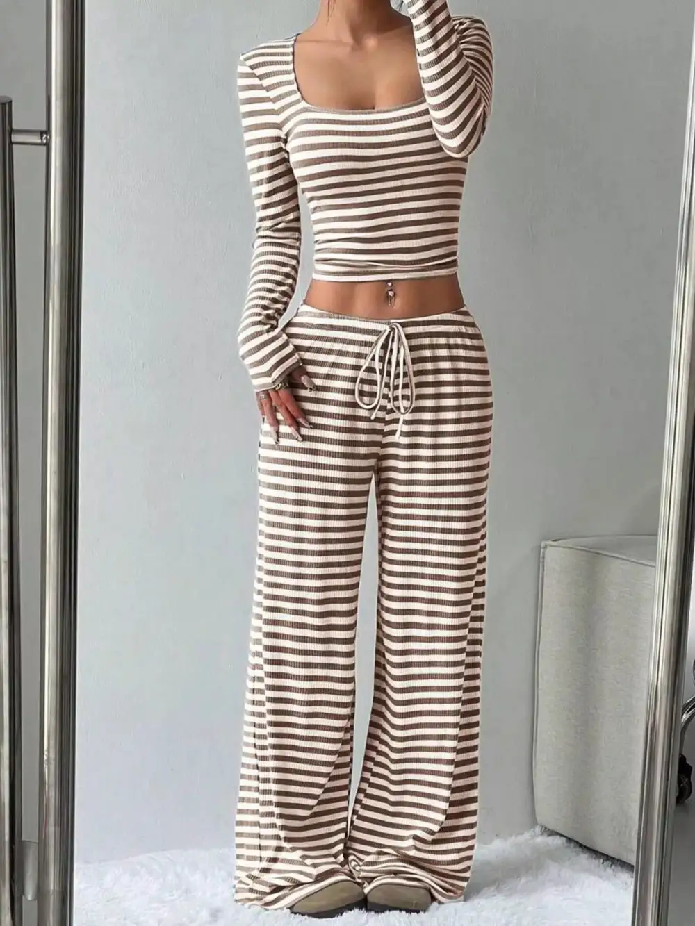 Striped Long Sleeve Crop Top and Wide Leg Pants Set