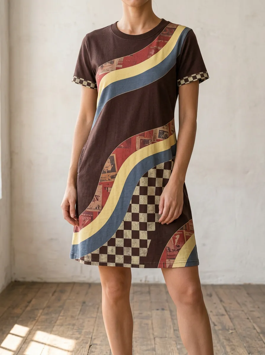 Women's Retro Aesthetic Checkerboard Wave Printed Dress