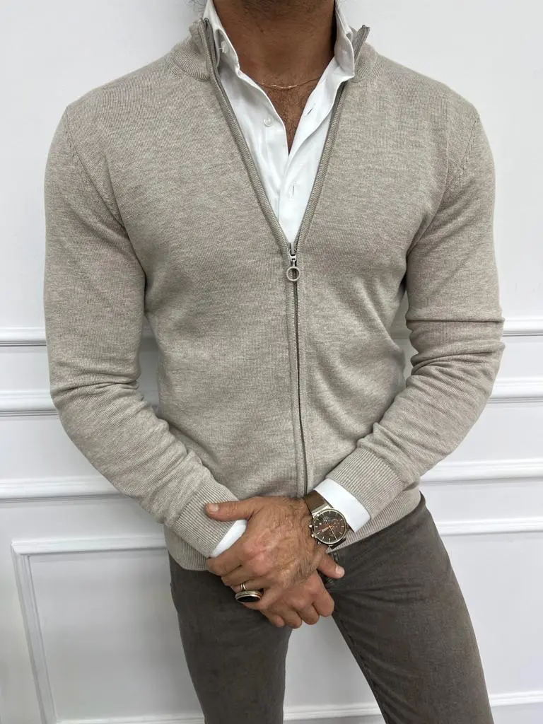 Slim Fit Zip Detail V-Neck Knit Cardigan