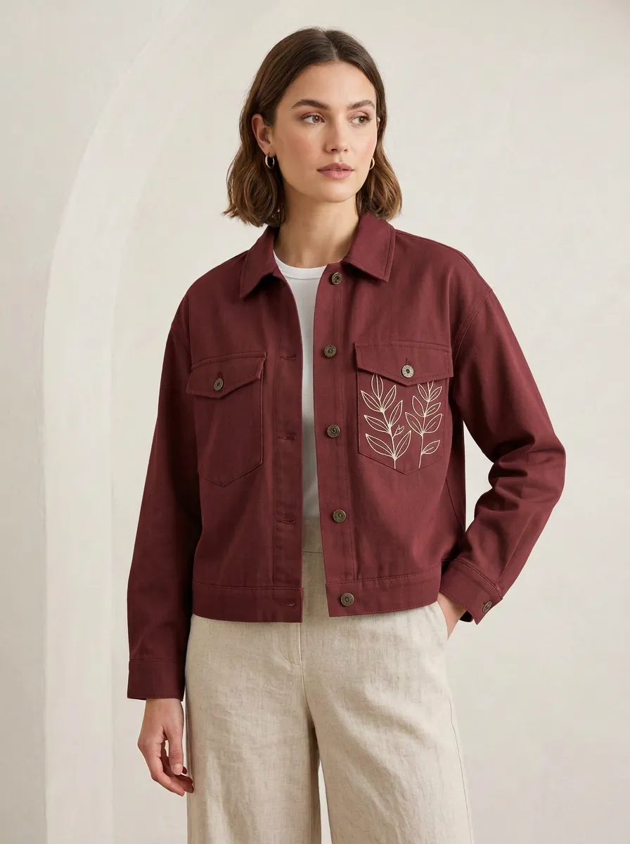 Women's Sage Green Botanical Leaf Embroidered Printed Jacket