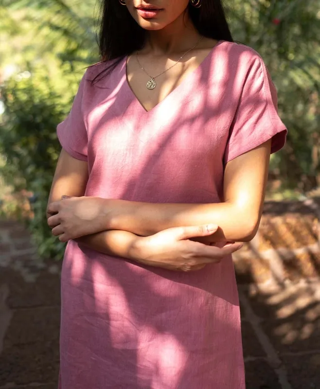Dusty Pink Linen V-Neck Shift Dress