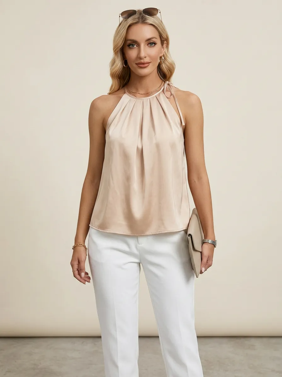 Satin Pleated Halter Neck Sleeveless Top
