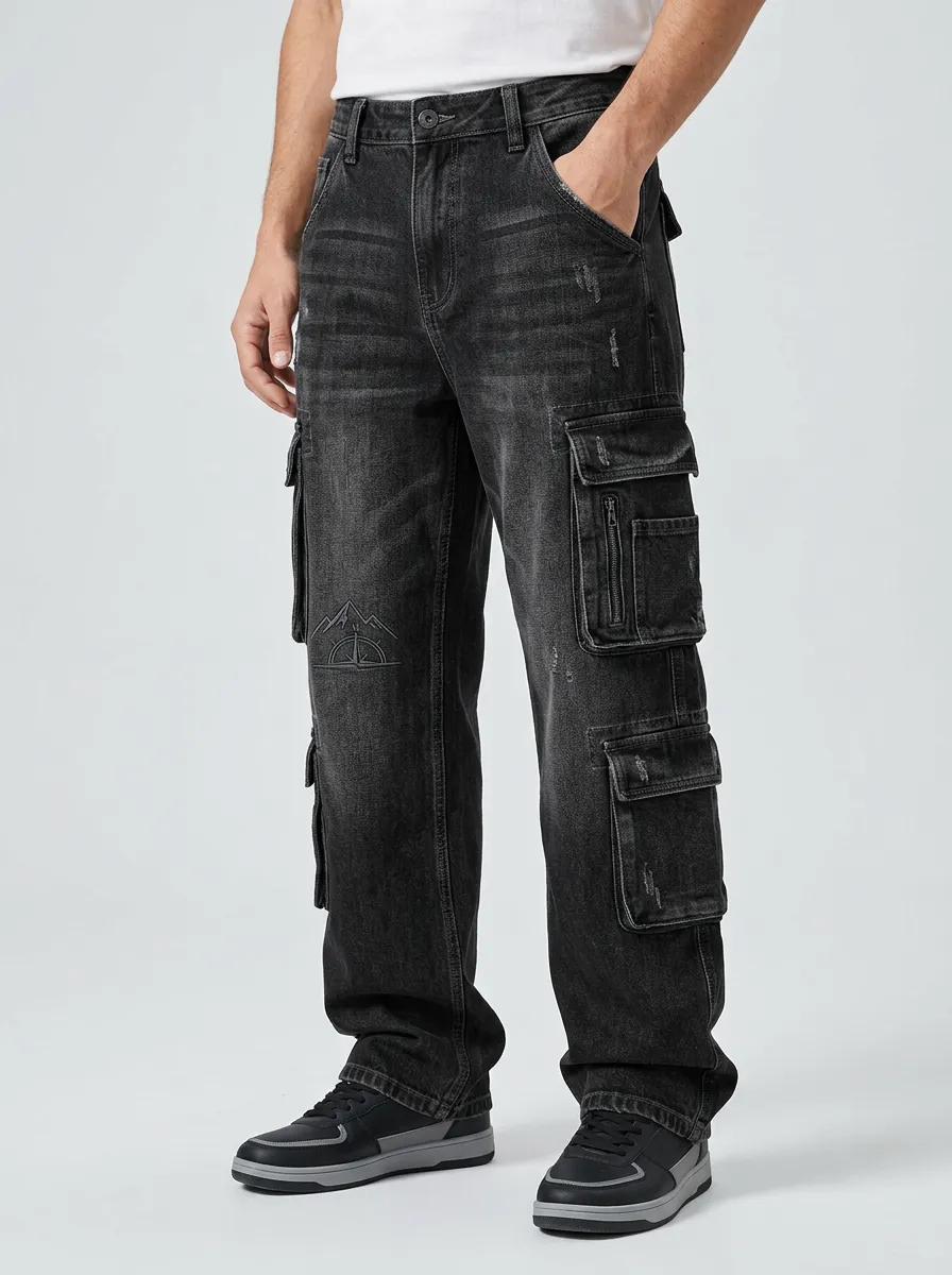 Men's Outdoor Adventure Mountain Compass Printed Cargo Jeans