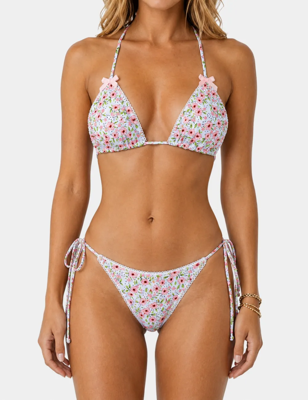 Halter Scalloped Trim Triangle Bikini Set