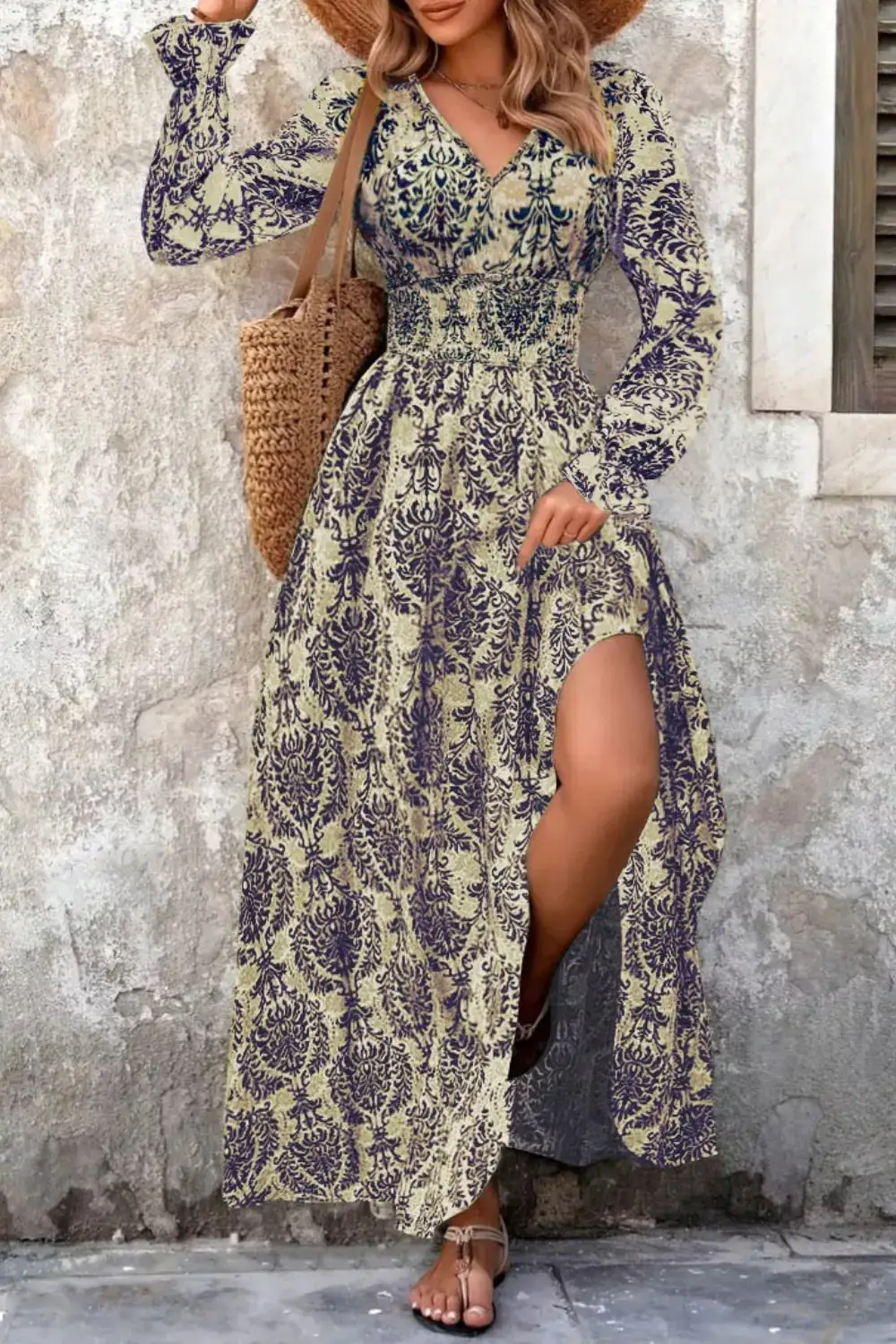Printed V Neck Long Sleeve Maxi Dress